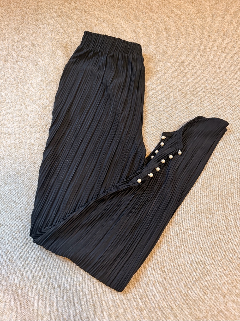 Black Pleated Satin Tapered Pants with Pearl Button Detail